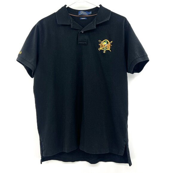 Polo Ralph Lauren Black Jockey Polo Embroidered Crest Shirt Custom Fit Mens L - Picture 1 of 5